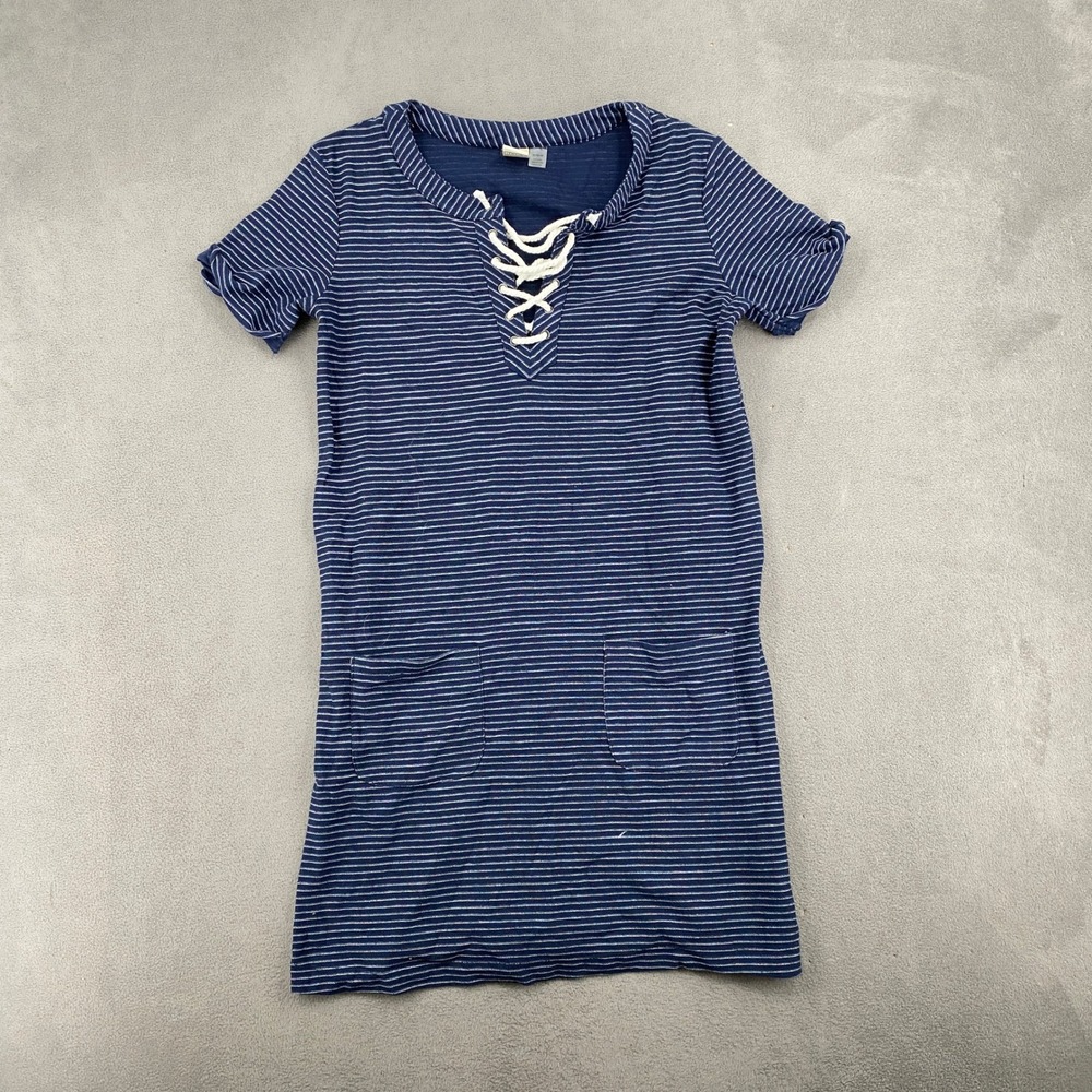 Roxy Womens Navy Blue White Striped Lace Up Front Pocket T-Shirt Dress Medium